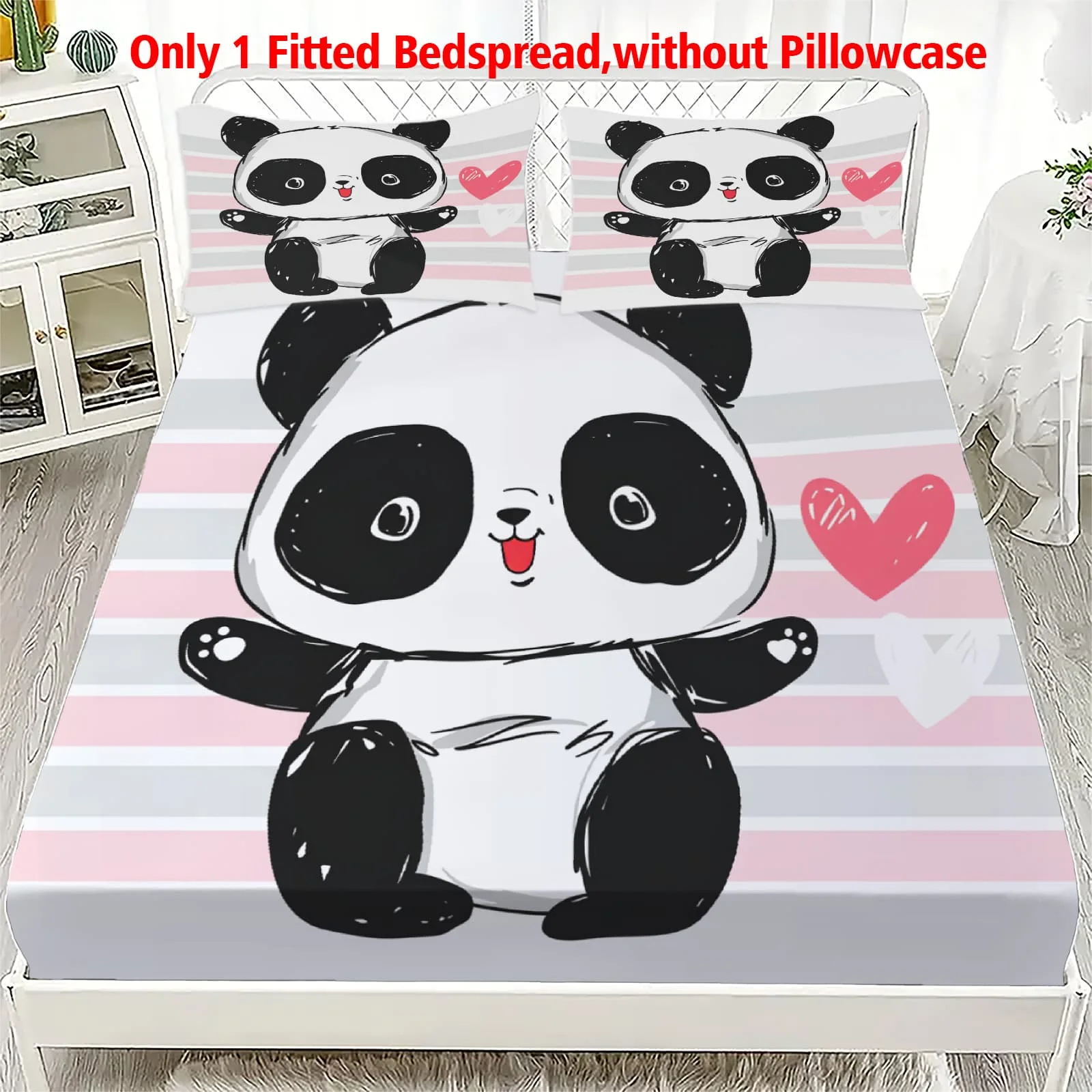 1 Stück Niedliches Panda-Spannbettlaken mit Rosa Streifen und Herzen, Tiefe Taschen, Elastischer Matratzenbezug für Einzel-, Doppel-, Queen- und King-Size-Betten, Schlafzimmerdekoration