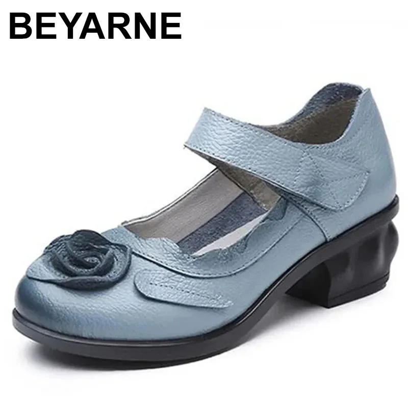 

Женская обувь на среднем каблуке 2025, повседневные туфли-лодочки с цветами, черные, красные, фиолетовые туфли-лодочки из натуральной кожи, весенняя женская обувь, размер 35-41