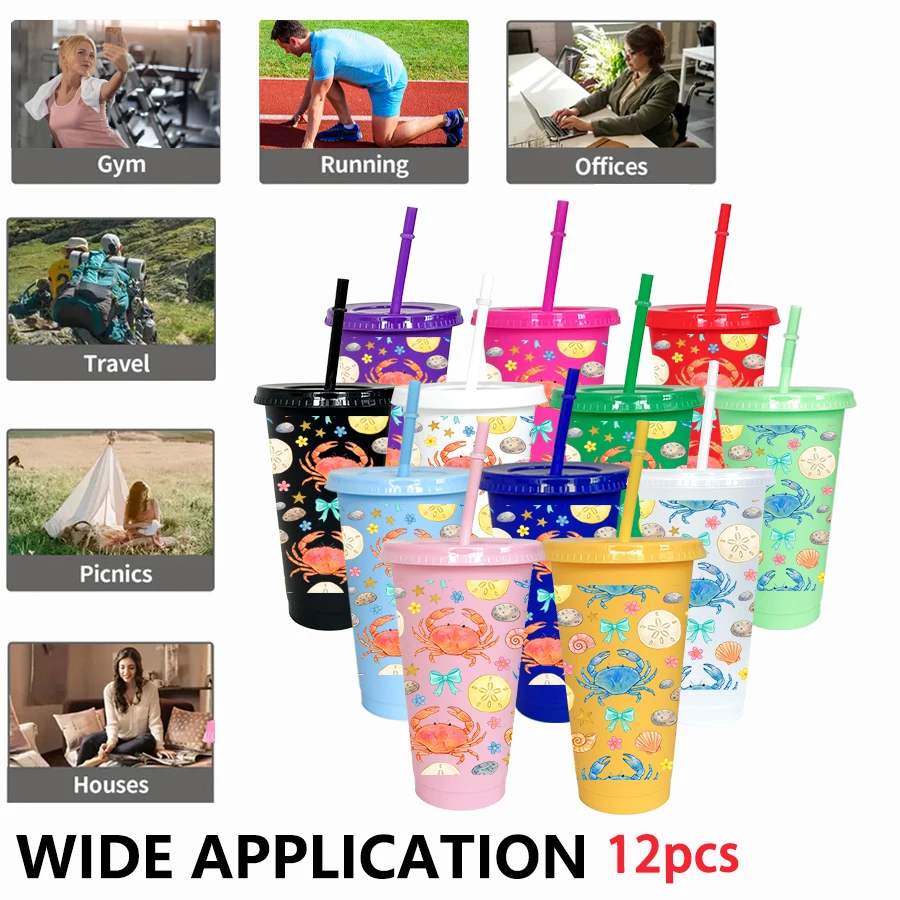 12pcs/pack Crab Shell Bow Pattern 26oz Colored Plastic Party Cold Drink for Back-to-school Birthday Gift