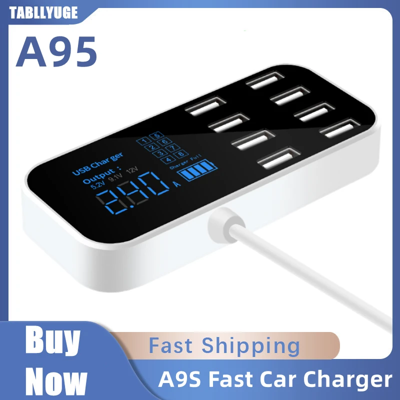 

TABLLYUGE A9S Fast Car Charger 8 Port Multi USB LCD Display Phone Charger 12V Battery Charger USB Hub for Phone Tablets GPS DVR