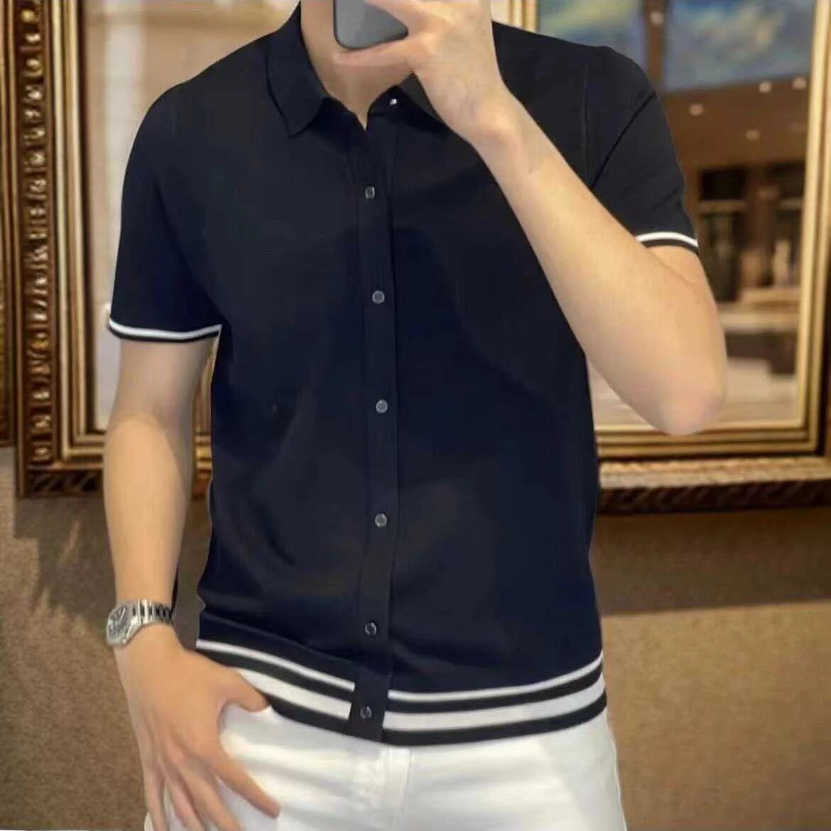 

Summer New Lightweight Stripe Splicing Short Sleeve Men's Luxury Fashion Collar Shirt Slim Fit Half Sleeve T-shirt Top