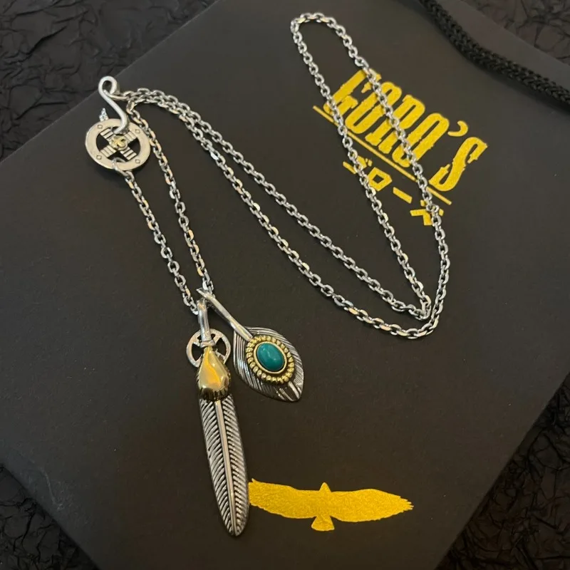 

Japan Tide Takahashi Goros винтажное бирюзовое золотое ожерелье с двойным пером, классическое ожерелье, модное универсальное ожерелье для пары в стиле хип-хоп