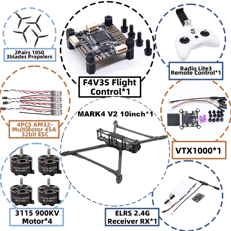 MARK4 V2 10inch F4V3S/F4V3S PLUS Flight Control 45/60A 4INI ESC Rack Drone FPV Carbon Fiber PV Racing Drone Quadcopter Freestyle view 5