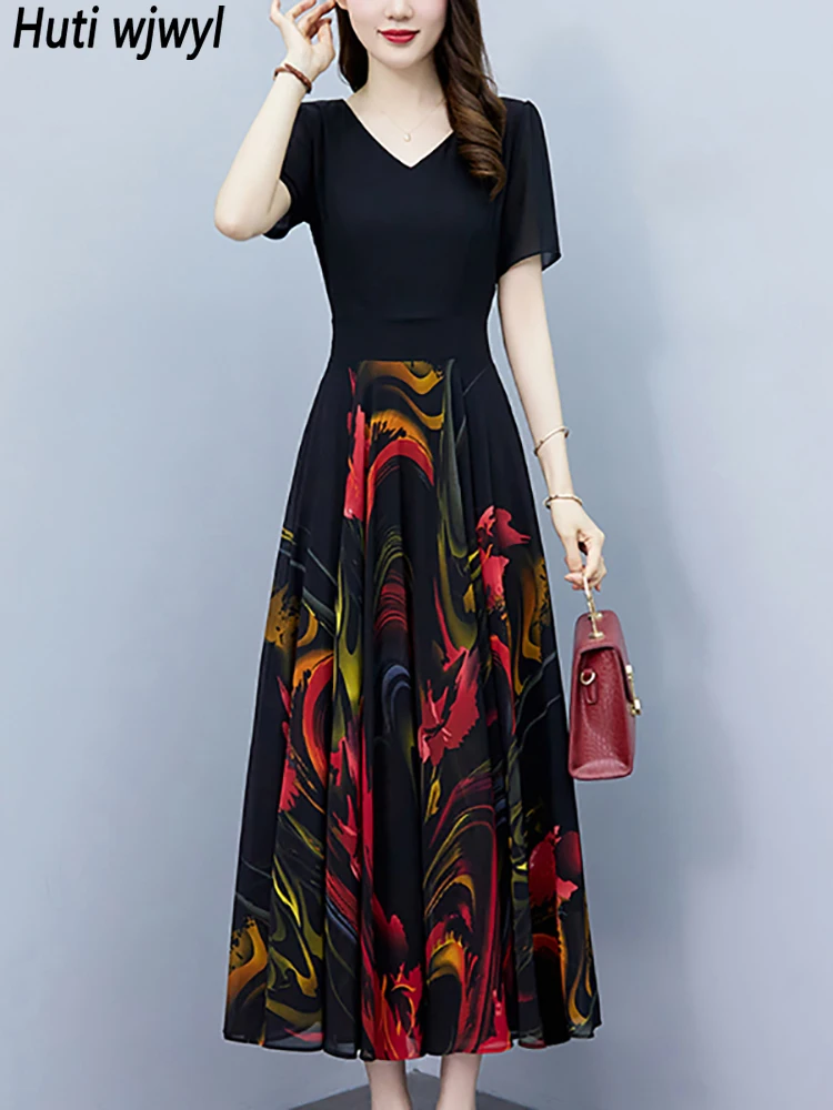 2024 Black Patchwork Print Vintage Midi Dress Women Elegant Luxury Party Maxi Dress Summer Casual Bodycon Prom Evening Vestidos