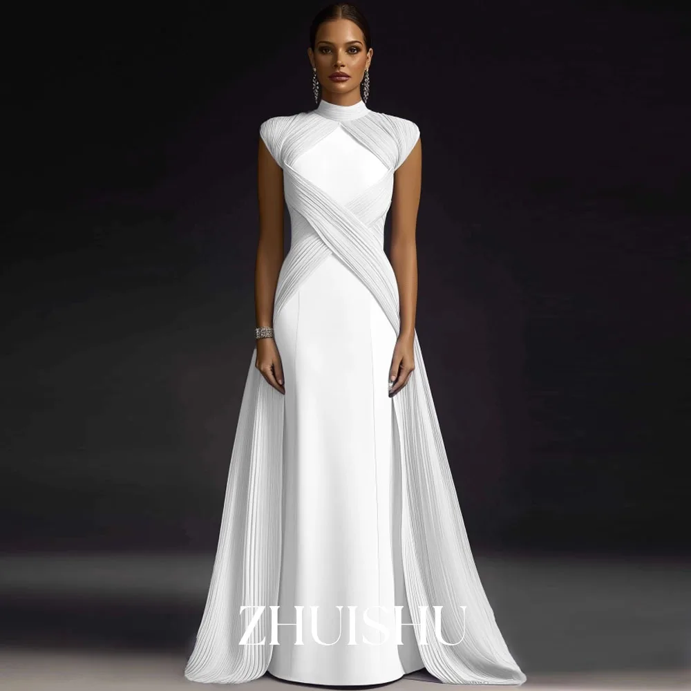 Zhuishu gola alta sem mangas vestidos de festa de casamento modesto plissado uma linha longo vestidos de festa de baile personalizado vestido de evento formal