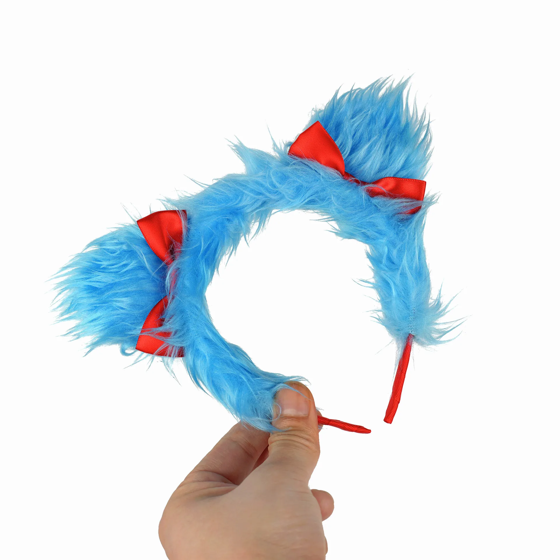 Cartoon Anime Blue Fluffy Plush Headband Wrist Cuffs With Red Bow Decoration Kid Halloween Party Children Day Dress up Accessory