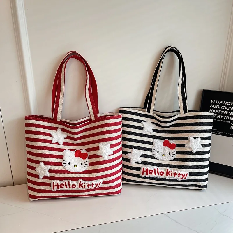 

Kawaii Hello Kitty Canvas Bag Cute Cartoon Stripes Large Capacity Tote Handheld Single Shoulder Women Products Student Wholesale