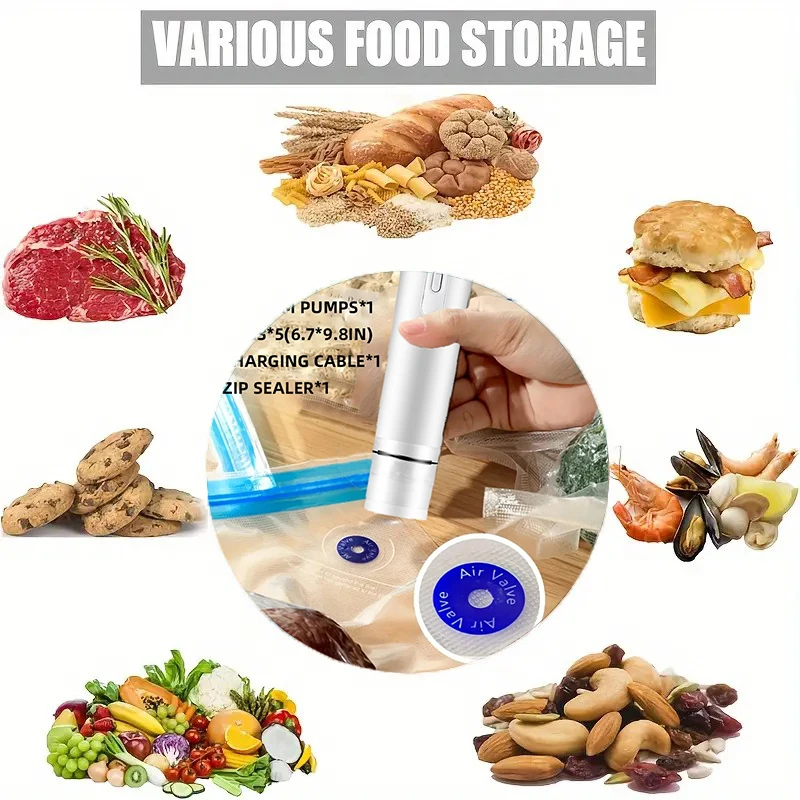 ถุงซีลสูญญากาศ 5 ถุง + เครื่องซีลสูญญากาศไฟฟ้า 1 ใบ + คลิป 1 ใบ, ถุงเก็บอาหารที่ทนทานแบบใช้ซ้ําได้, ถุงเก็บอาหารเกรดใส