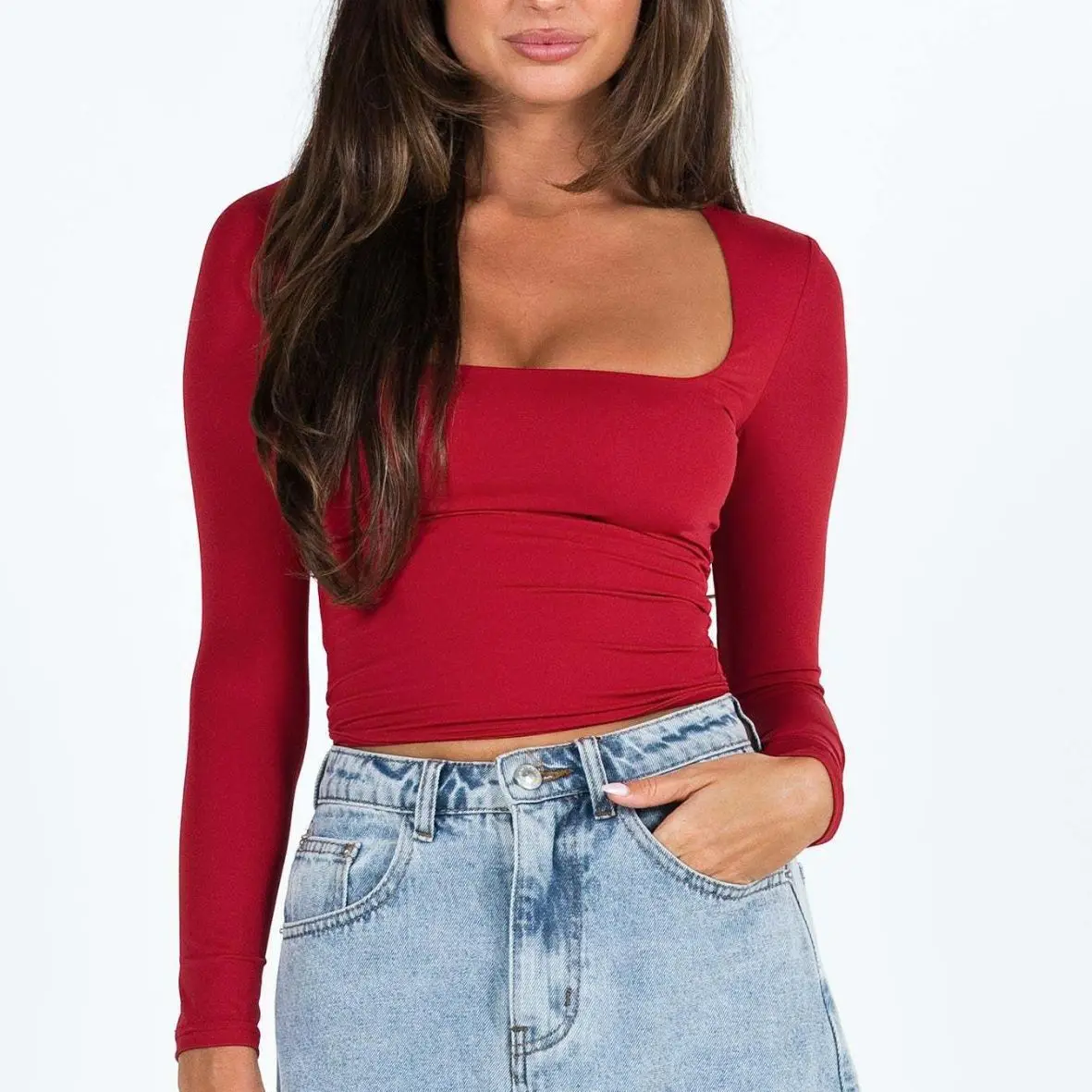 T-shirt Long Sve Square Ne pour femmes, haut doux, couleur Pure, matériau en Fiber élastique, Collection été 2023