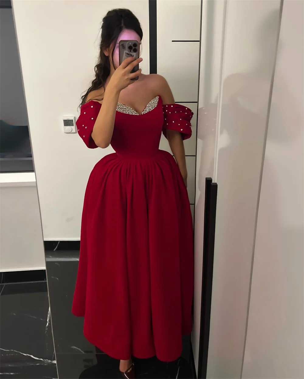 ミラ オフショルダー プロムドレス ラインストーン ボールガウン カスタマイズされたイブニングドレス 足首までの長さのレッドドレス vestidos de gala 2025
