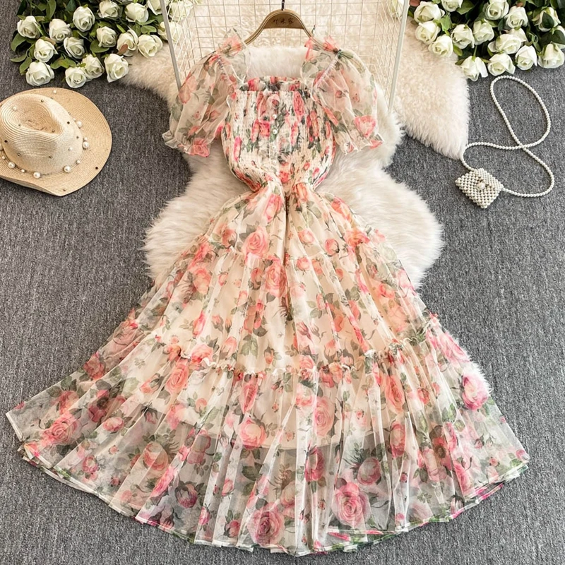 Robe florale à col carré français, nouveau Style rétro, robe d'été douce pour premier amour, robe de pause thé