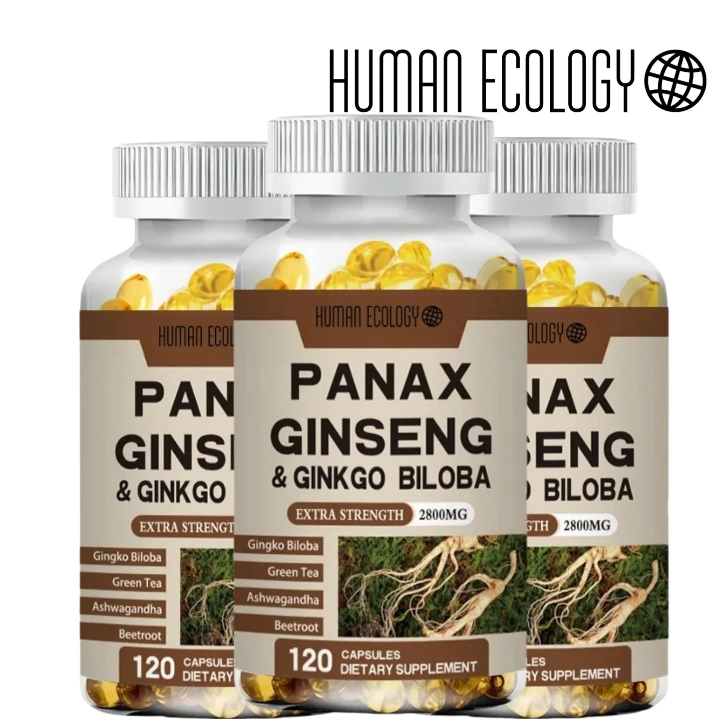 Human Ecology Authentic Korean Ginseng+Ginkgo Biloba Leaves, 120 Vegetarian Capsules, 2800 Milligrams Of Male And Female Energy