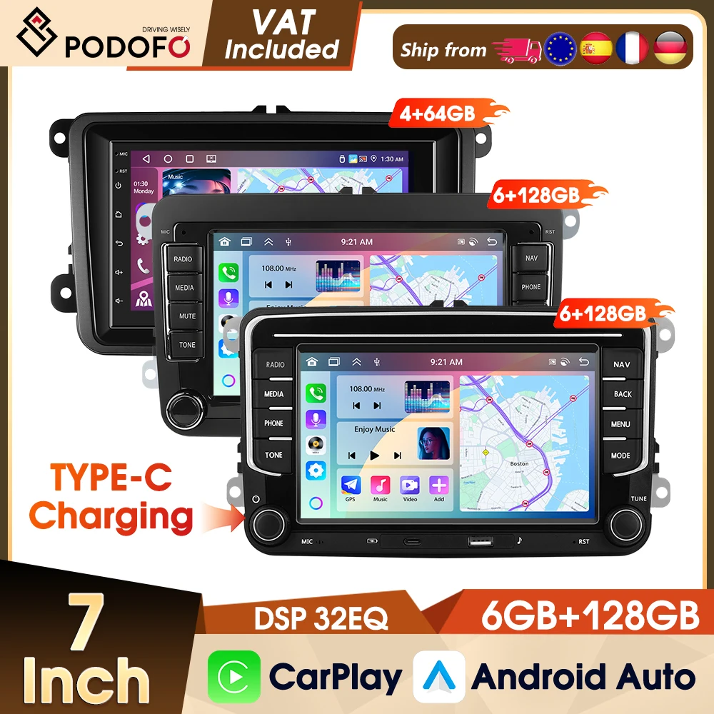 Podofo 6+128G Autoradio für VW Seat PASSAT B6 B7 V6 GOLF POLO Skoda JATTA WIFI GPS EQ FM RDS USB Wireless CarPlay Android Auto 7 Zoll Autoradio