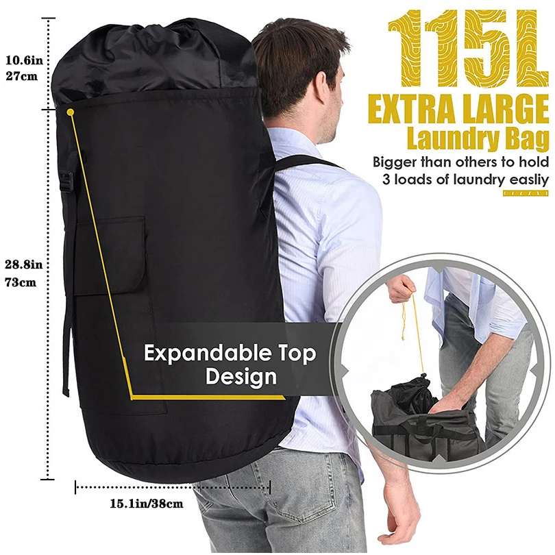 Laundry Bag Backpack, 115L Extra Large Travel Laundry Bags, Adjustable & Extendable, Laundry Hamper Bag For Laundromat, College