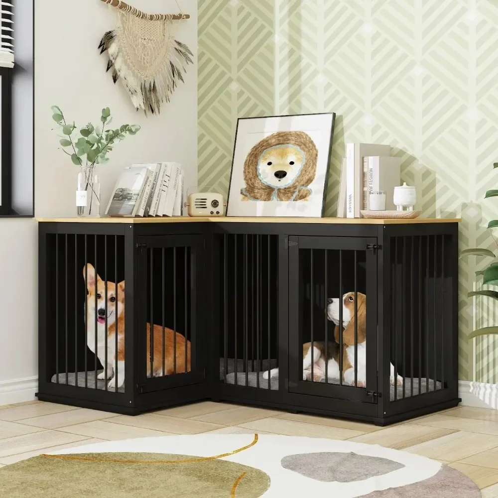 

Corner Dog Crate Cage, Indoor Furniture Style Heavy Duty Dog Kennel House with Double Rooms & Removable Divider for Large