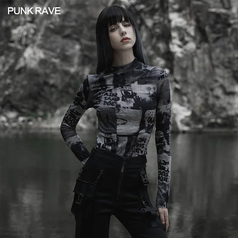 PUNK RAVE Women's Punk Daily Fit Split Small Stand Collar Digital Printing Long Sleeve T-shirt Tight Tops Spring/Autumn