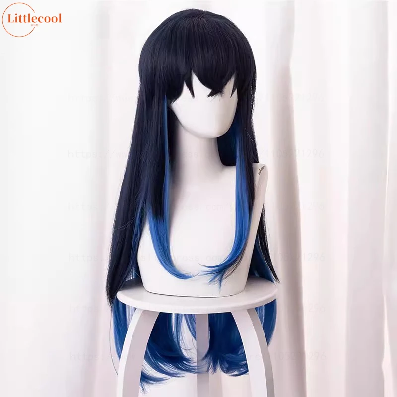 High Quality Hashibira Inosuke Cosplay Wig 70cm Long Straight Ombre Blue Heat Resistant Synthetic Hair Coser Anime Wigs + WigCap