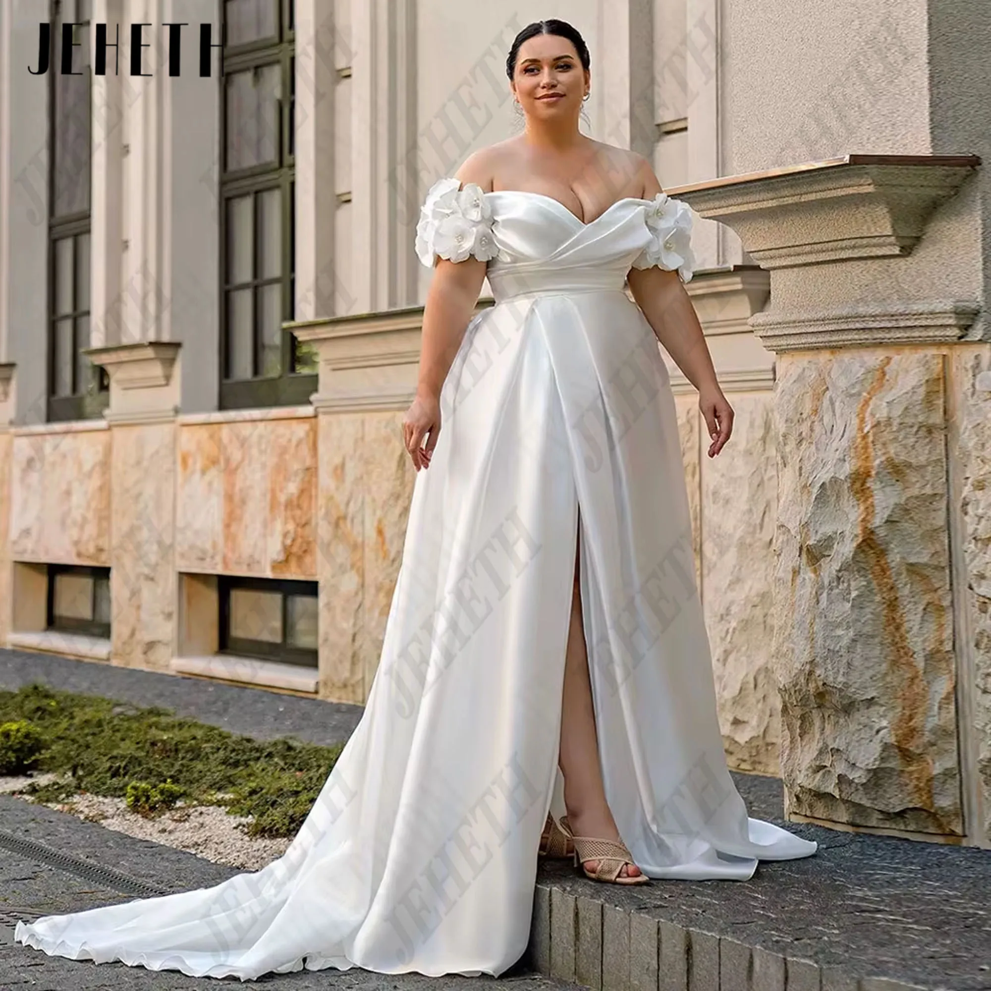 JEHETH-vestido De Novia Sexy De talla grande, satén, corte en A, con cordones, hombros descubiertos, cuello en V, vestido De Novia con abertura lateral personalizado Vestido de novia sexy jeheth tamaño extra satén chal