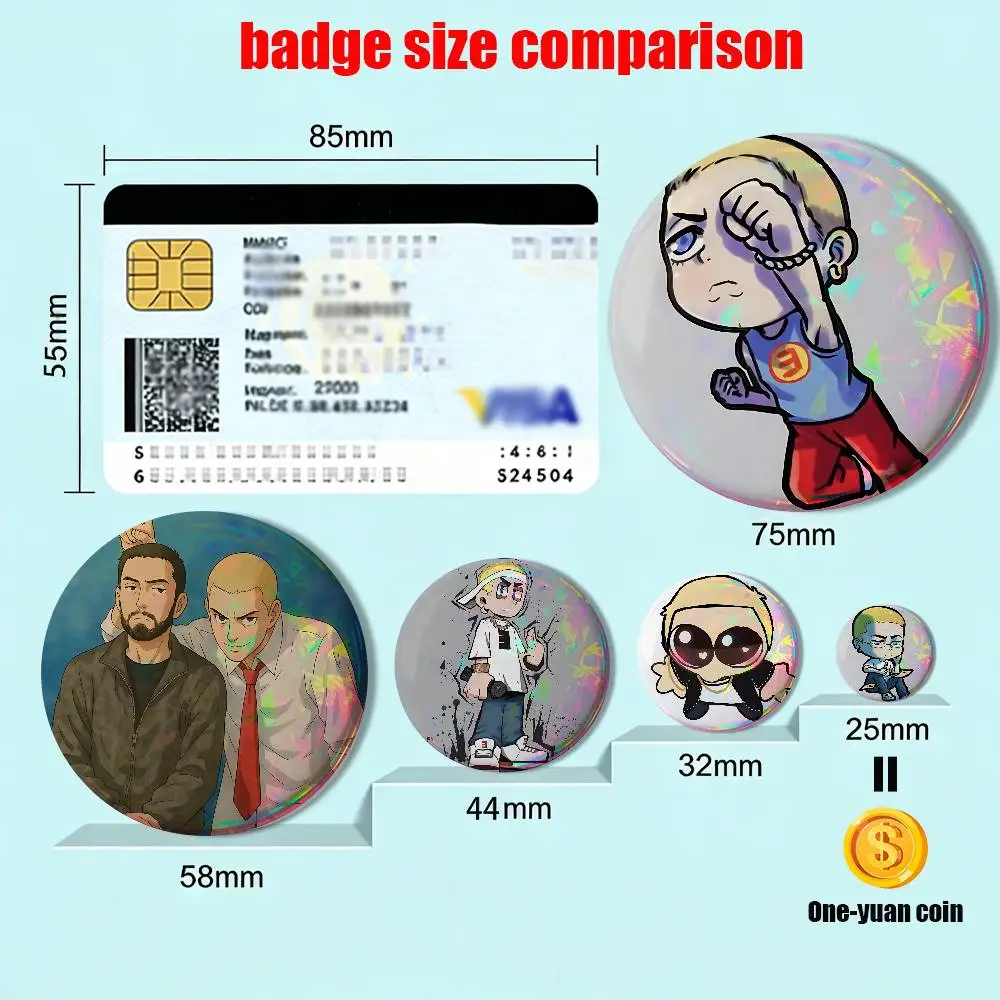 Cartoon Eminem Slim Shady Laser reflective round badges pins bag clothing decorations collectibles gifts for friends