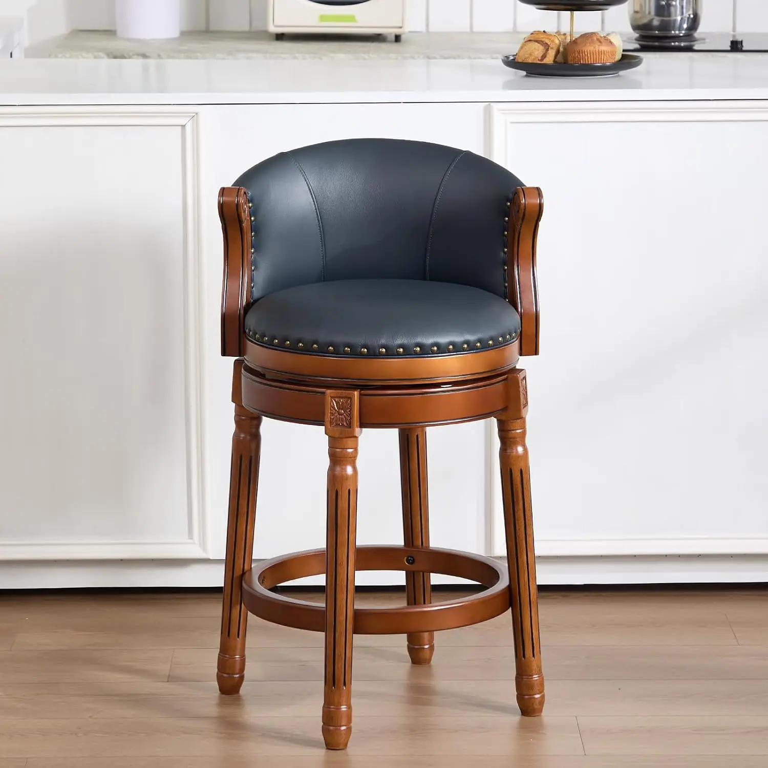 Bar Stools Rubber Wood Counter Height Bar Stool Leather Upholstered Swivel Barstools with Back & Footrest for Home,Kitchen,Count