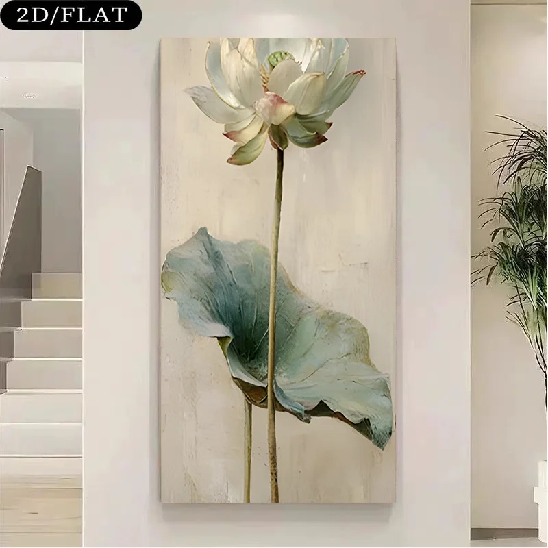 2D Flat, Elegant Lotus Flower Frameless Canvas Painting, Large Size for Living Room, Bedroom, Study. Simple Wall Decoration.