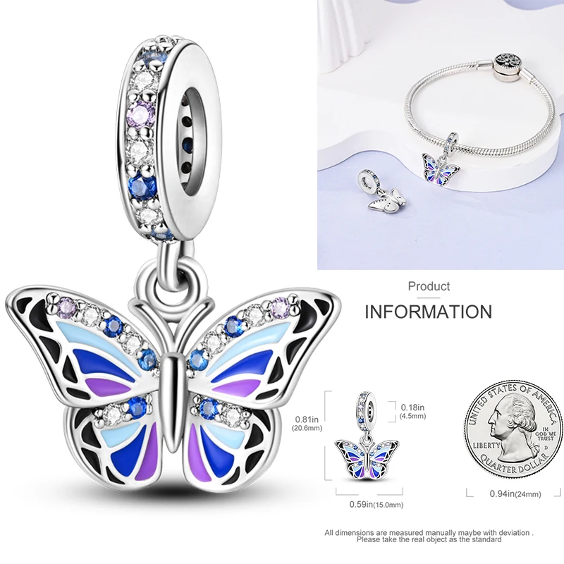 Schmetterlingsanhänger 925 Sterling Silber Rosa Blau Regenbogen Perlenanhänger Passend für Europäische Armbänder DIY Schmuck Geschenk für Frauen und Mädchen 2026 – Detail 13