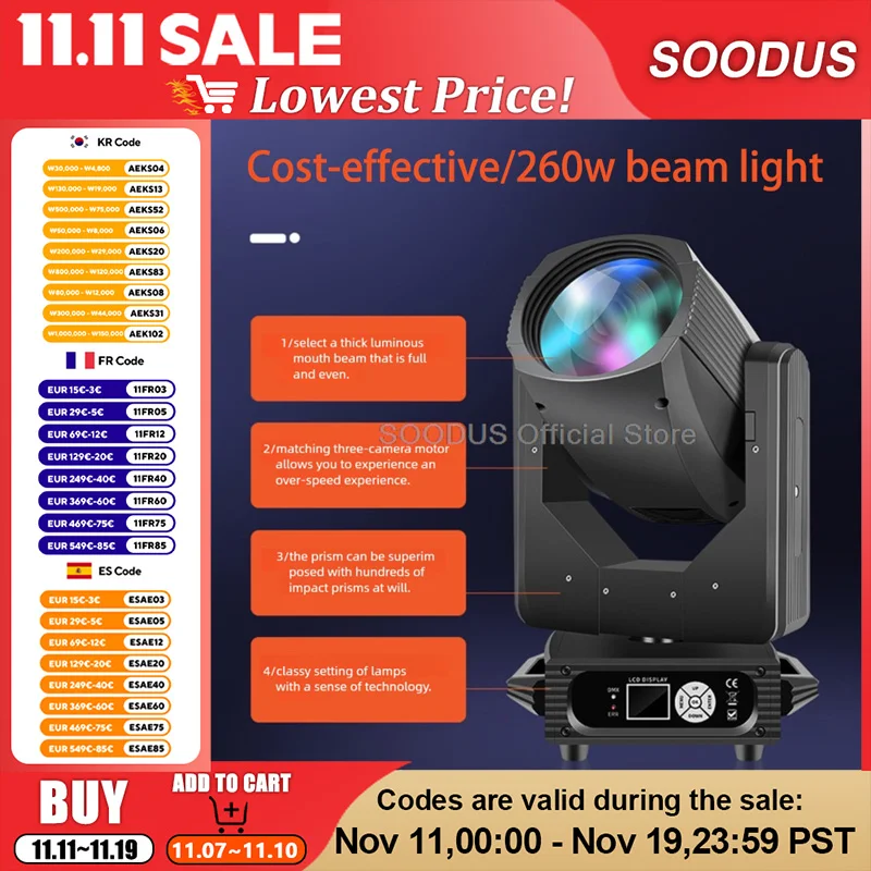 

260W Beam Pattern Light DMX512 Prismatic Rainbow Effect Moving Head Lights Sound Activated LED Spotlights for Stage DJ Wedding