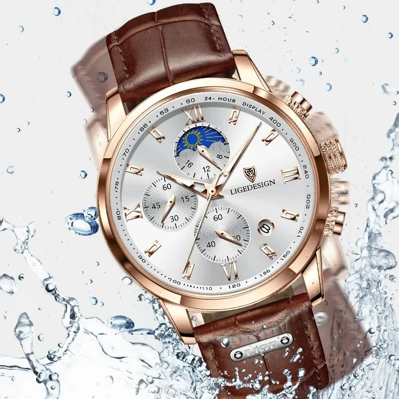 ساعات LIGE الفاخرة للرجال مقاومة للماء كوارتز رياضية كرونوغراف عسكرية كاجوال من الجلد للرجال Relogio Masculino #3