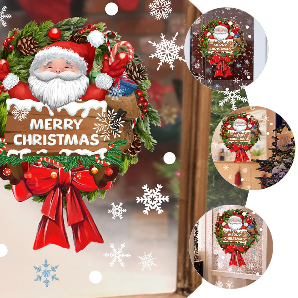 Santa Claus Wreath Snowflake Christmas Wall Sticker Glass Window Home Decoration Xmas Clings Garland Stickers Decals Holiday