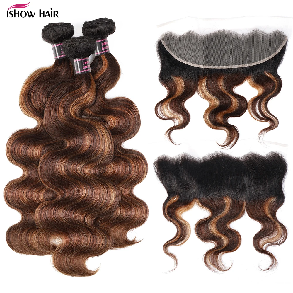 Ishow 1B 4 30 حزم مع أمامي أومبير تسليط الضوء على موجة الجسم مع 13x4 الدانتيل الشفاف أمامي البرازيلي شعر بشري لعذراء #2