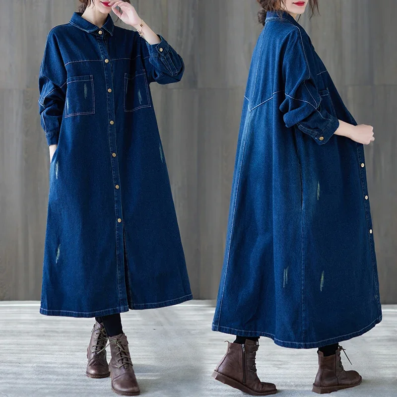 

Women Fall Winter Long Denim Jacket Jean Turn Down Collar Pockets Korea Single Breasted Coat Thicken Warm Outerwear