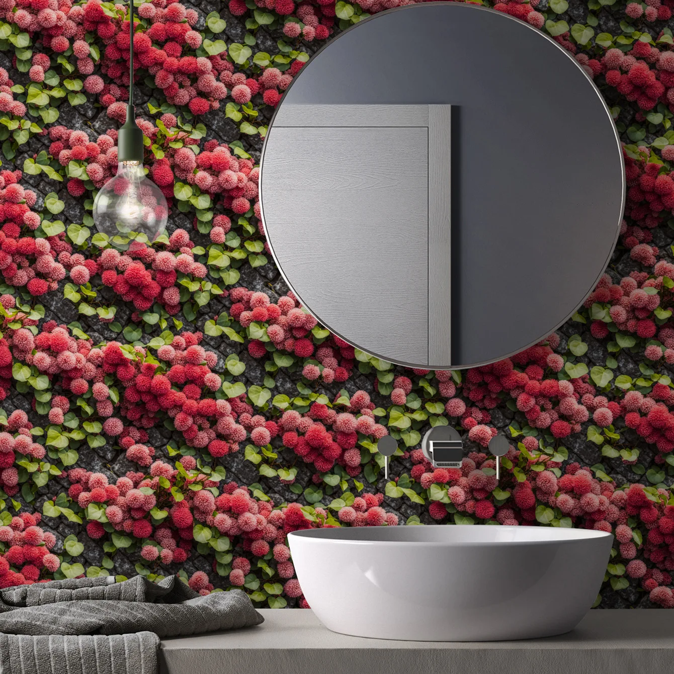 Red Floral Green Leaves Peel and Stick Wallpaper for Girls Bedroom Nursery Removable Self Adhesive Contact Paper