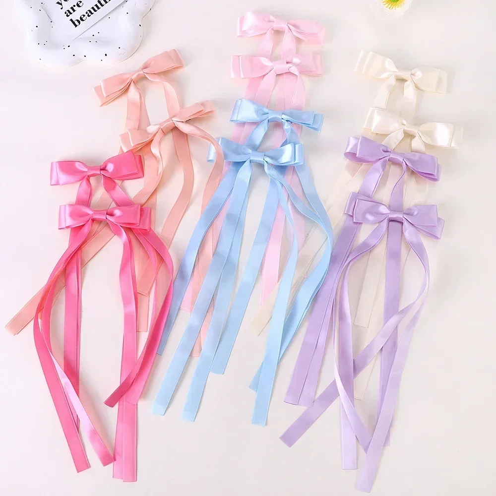 Elegant Satin Long Tassel Ribbon Bow Hair Clips for Baby Girl 2025 Christmas New Year Party Headwear Hair Accessories Gift