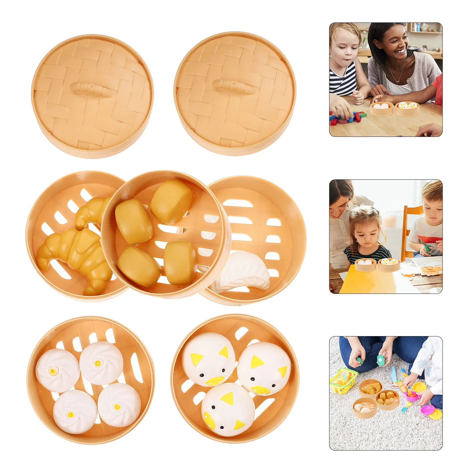 1Set Kitchen Playset for Kids Realistic Pretend Cooking Playset with Steamed Bun Dumpling Food Simulation Breakfast Fun