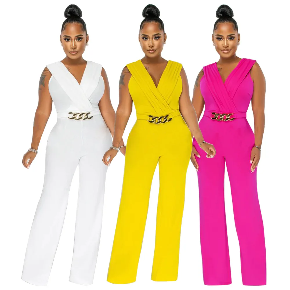 

2025 Summer New Sleeveless V-neck High-waisted Women's Clothing Solid Color Loose And Slim Casual Sleeveless Jumpsuit