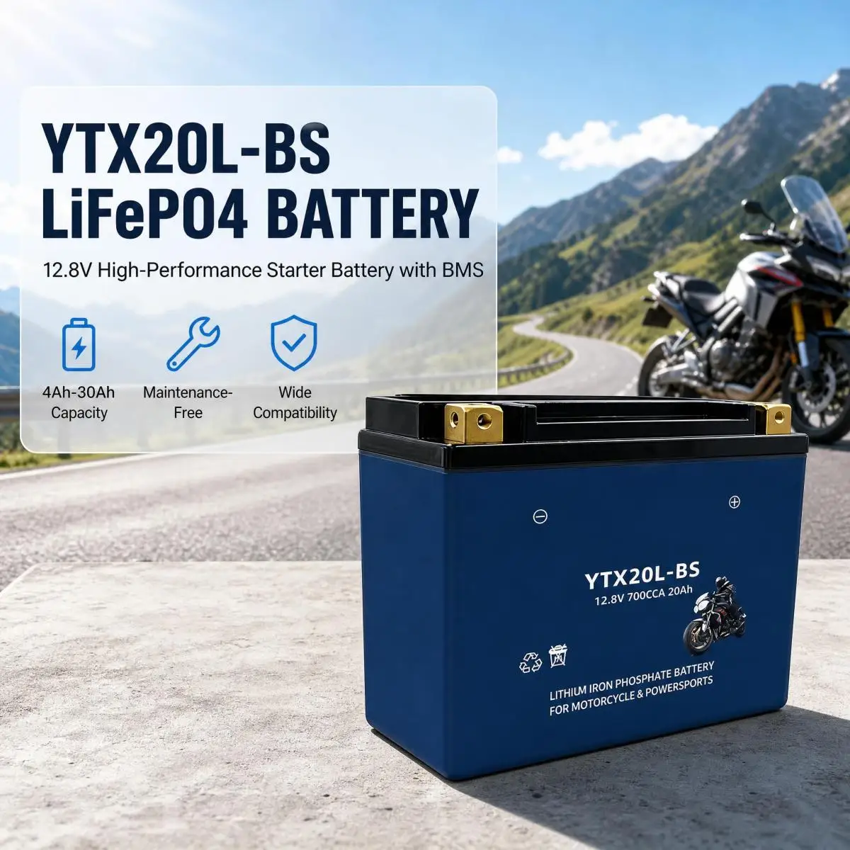 12.8V LiFePO4 Starter Battery with BMS 4Ah-30Ah Maintenance-Free for Motorcycle UTV Jet Ski Snowmobile Generator Outboard Motor