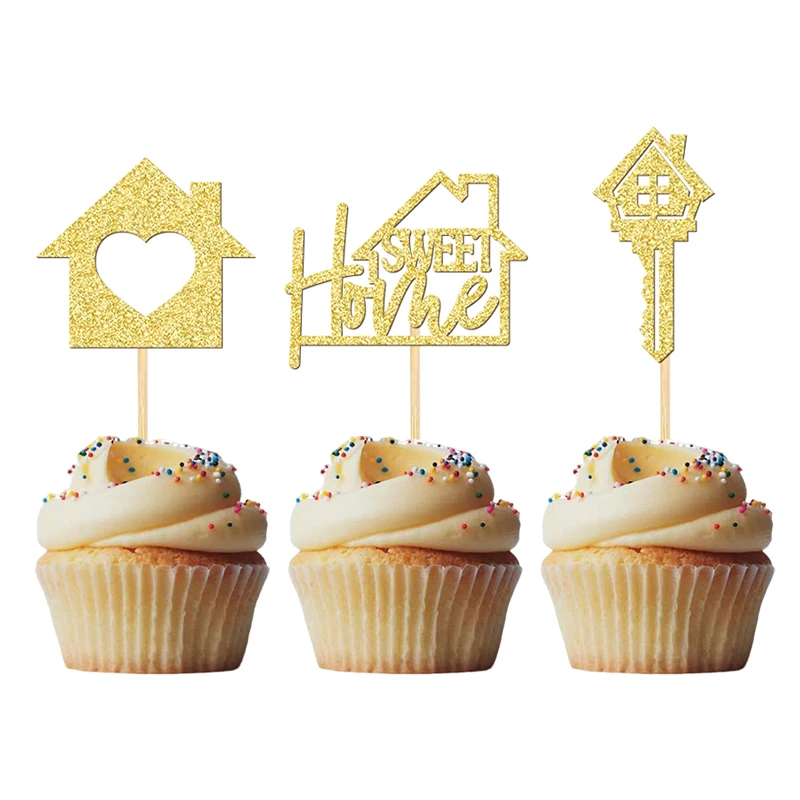 YOMDID 24 pièces décoration de gâteau doux maison bambou pendaison de crémaillère fête Cupcake décorations "douce maison" maison et clés conceptions décor de gâteau