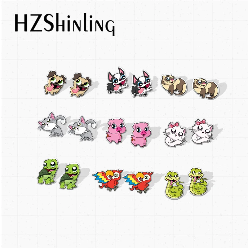 New Lovely Cute Animals Pug Puppy Kitten Pig Tortoise Parrot Snake Cartoon Epoxy Acrylic Resin Earrings