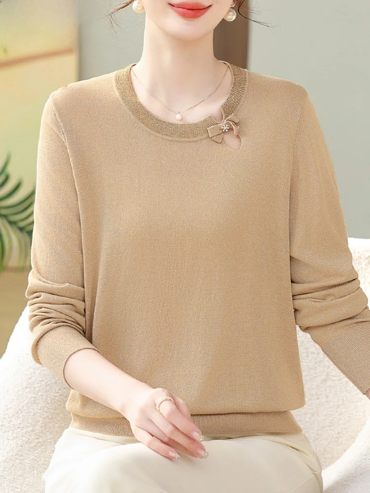 

Faionable Knitted Base irt for Middle-Aged Women Thin Wide Lady Ele Spring Autumn Polyester Fiber round Ne