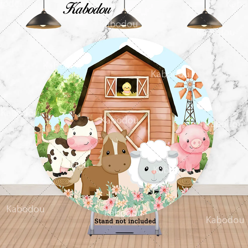 Kabodou Farm Theme Circle Photo Backdrop Birthday Baby Shower Cartoon Cute Round For Kids Photography Background Cylinder Covers