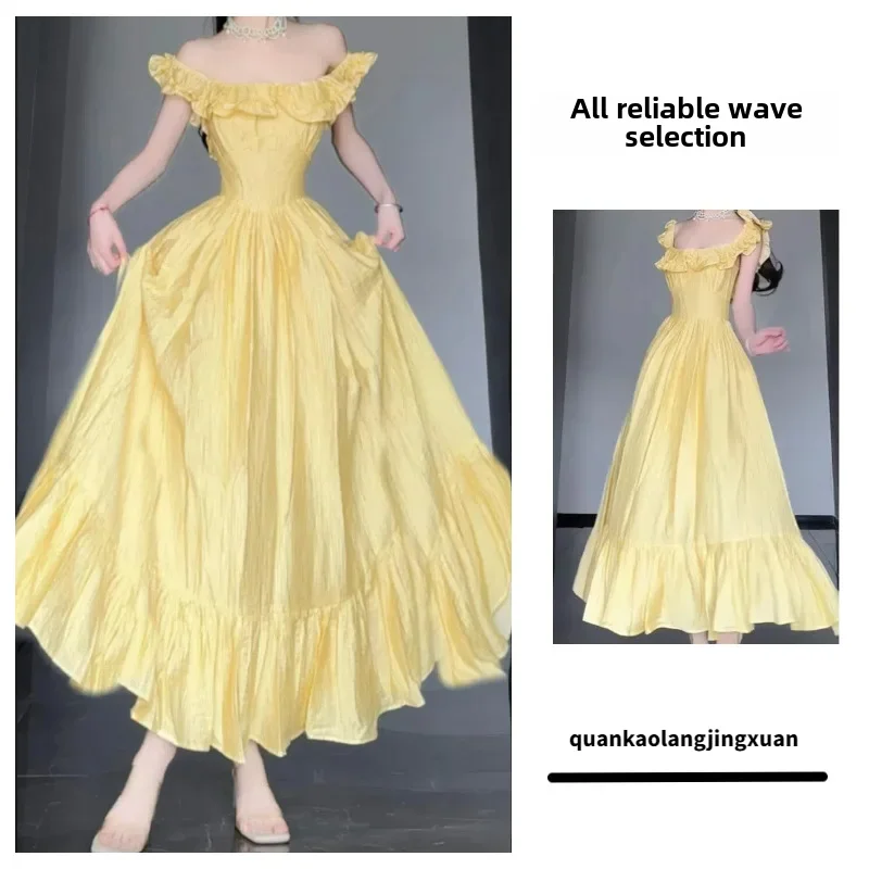 Elegant Birthday Yellow Off-shoulder Dress For Women New Summer Style Chic Gown Pleated Skirt Sleeveless Top