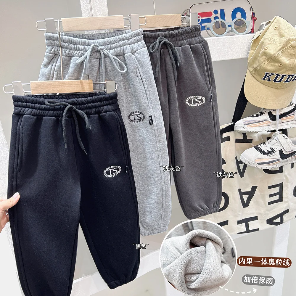 2024 Autumn Winter Children Baby Boys Trousers Cotton Plus Velvet Solid Drawstring Kids Boys Pants Toddler Boys Plush Pants