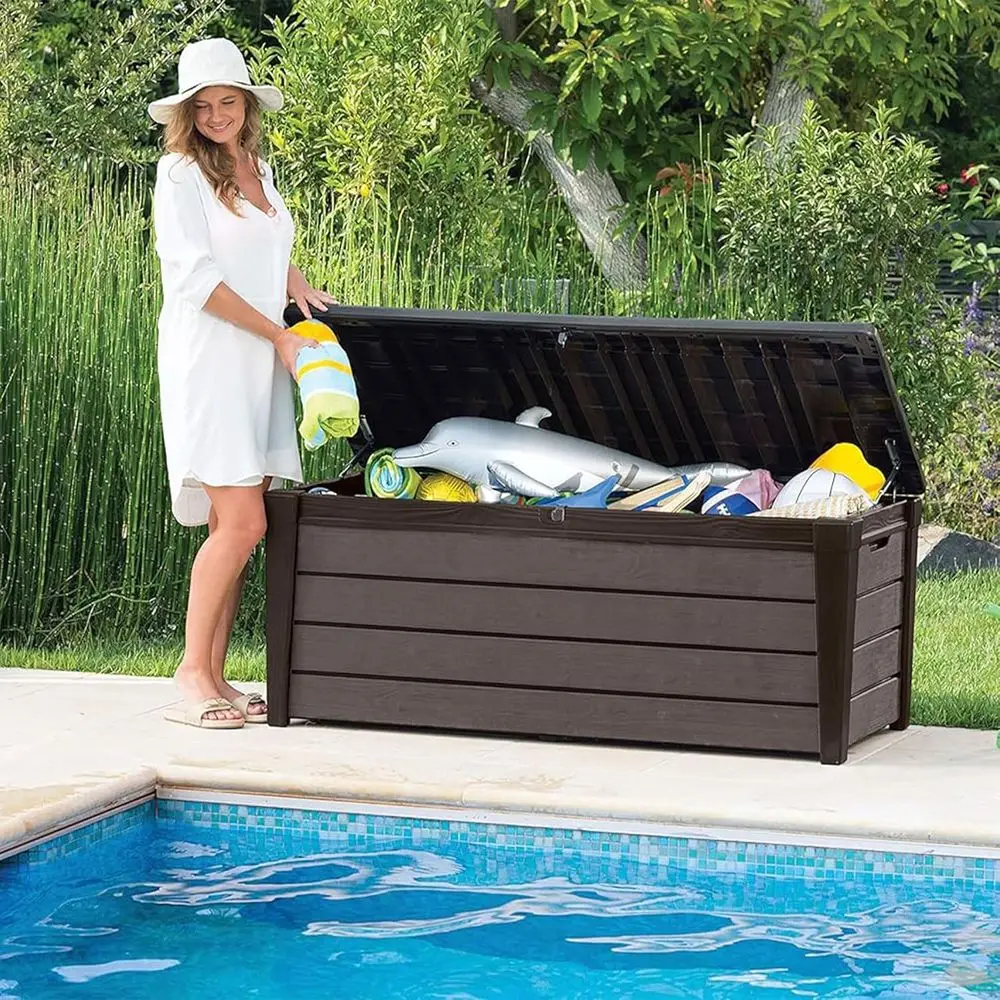 Outdoor Storage Deck Box, Patio, Backyard & Garden, 120 Gal, Brown - Lockable, Organizing, Waterproof Plastic Container Bench