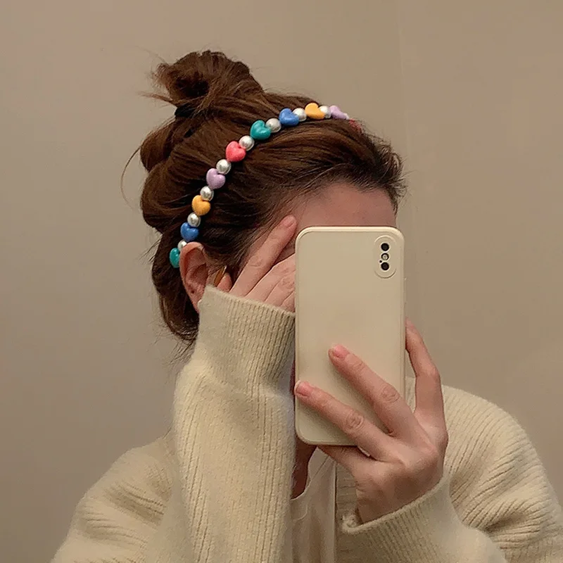 

Candy Colorful Heart Round Imitation Pearl Headbands for Women Sweet Cute Partysu Headdress Temperament 2025New Head Accessories