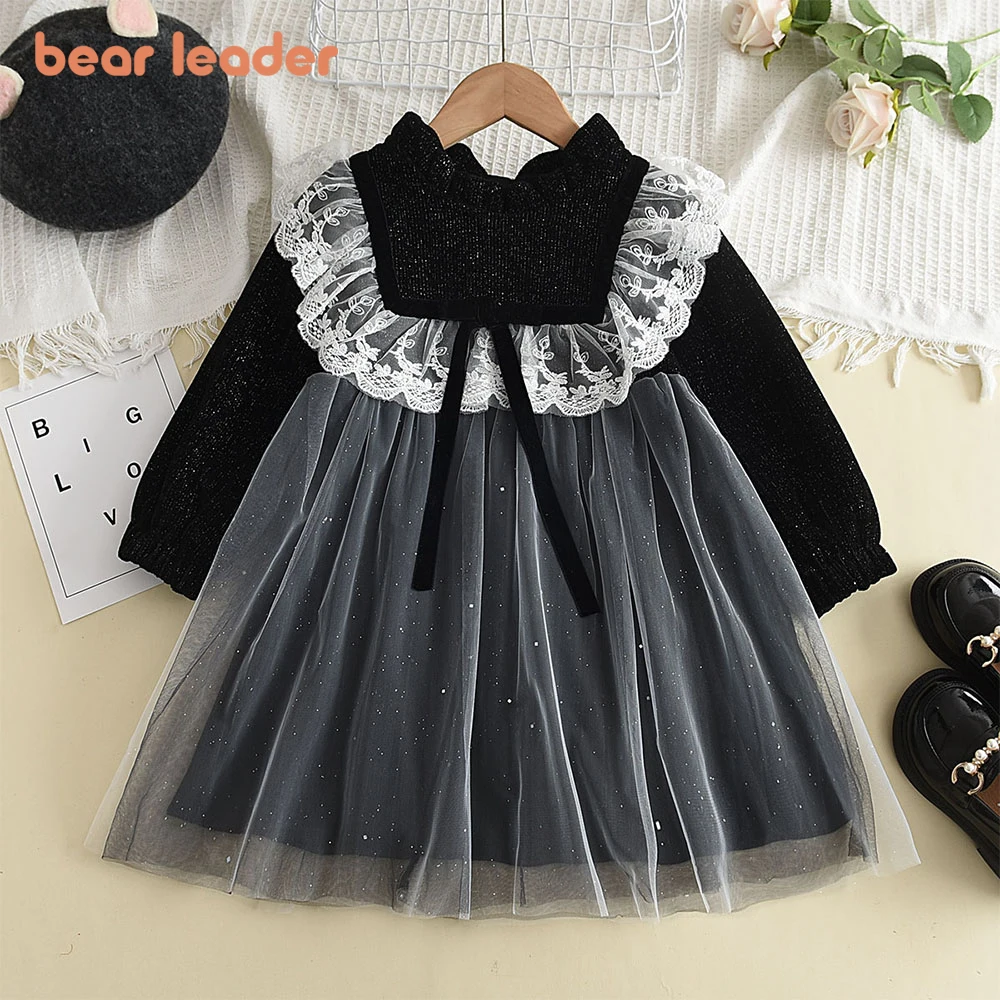 Bear Leader Girls' Dress Plush Warm Girls' Lace Lolita Princess Dress Preschool Girls' Autumn Clothes Kids' Cute Christmas Dress