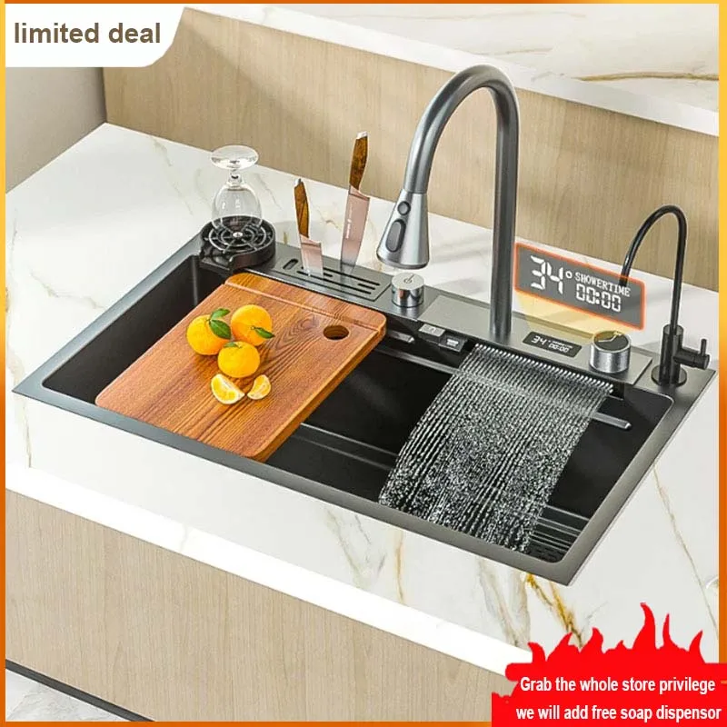 wholesale flying Rain Waterfall kitchen sink with knife holder  stainless steel sink flying rain one manual basin single