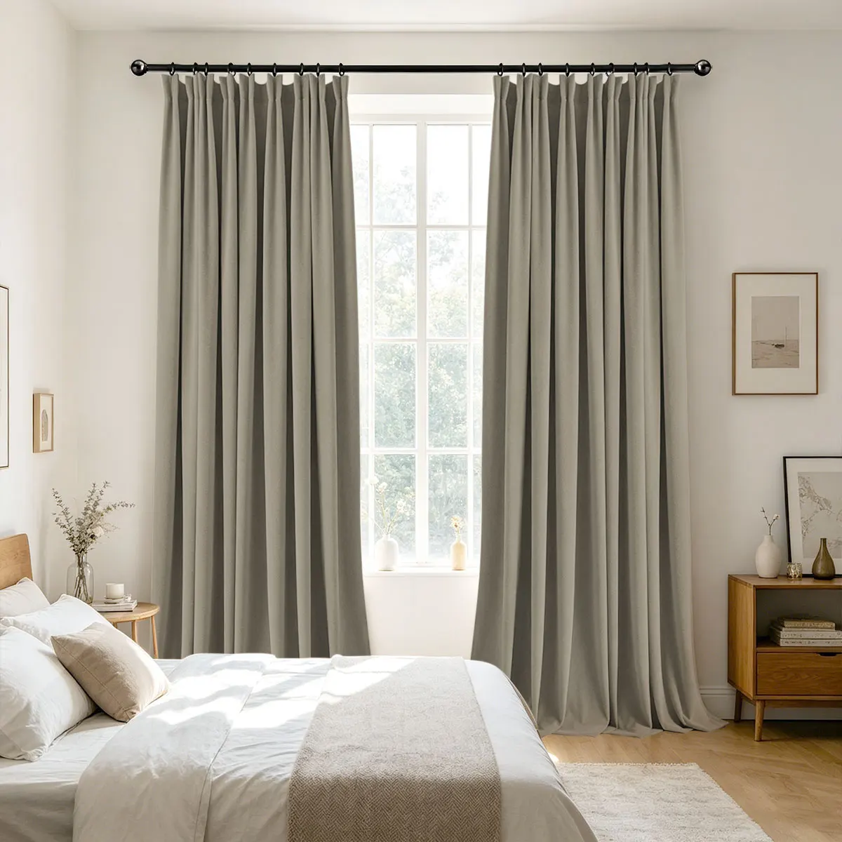 Linen Grey Velvet Blackout Curtains 2‑Pack, Pinch Pleat Hook Top Drapes for Bedroom Living Room Home Decor