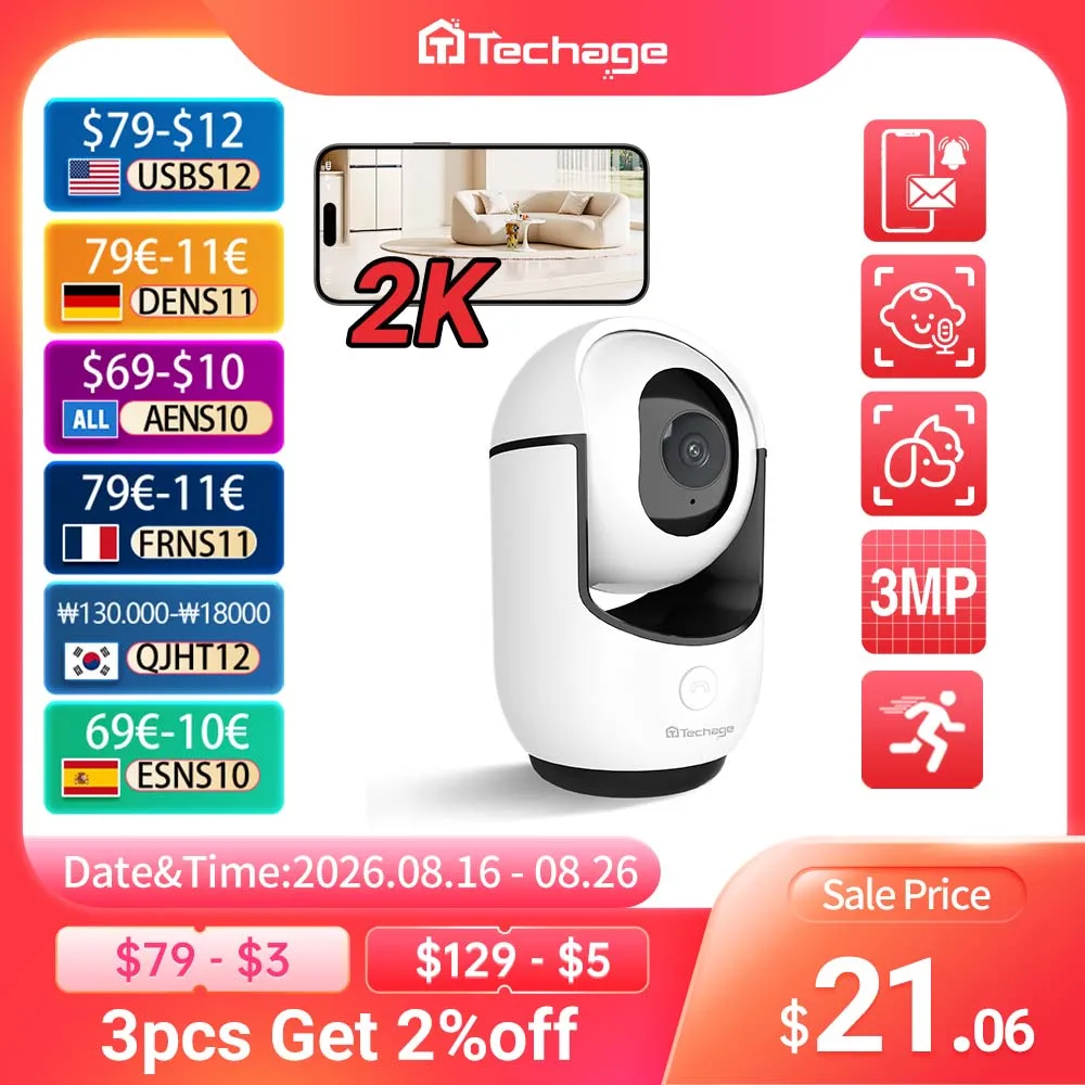 Techage WiFi Security Camera 2.4G WiFi Two Way Baby Monitor with Crying Detection 355° PT Auto Tracking 2K Indoor IP Camera
