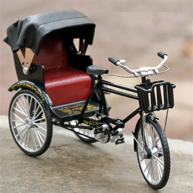 

Mini Retro Alloy Three wheeled Bicycle 1:10 Diecast Model Metal Bike With Storage Box Home Accessories and Ornaments Gifts Toys