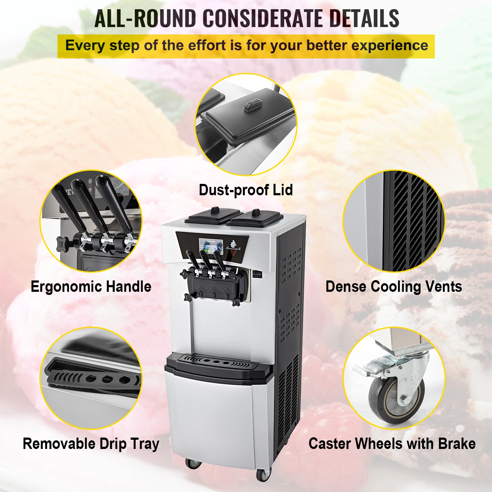 آلات الآيس كريم الناعمة VEVOR مع ضاغط 1 أو 3 نكهات تخدم آلة طين الثلاجة الأوتوماتيكية للاستخدام التجاري محلات المشروبات